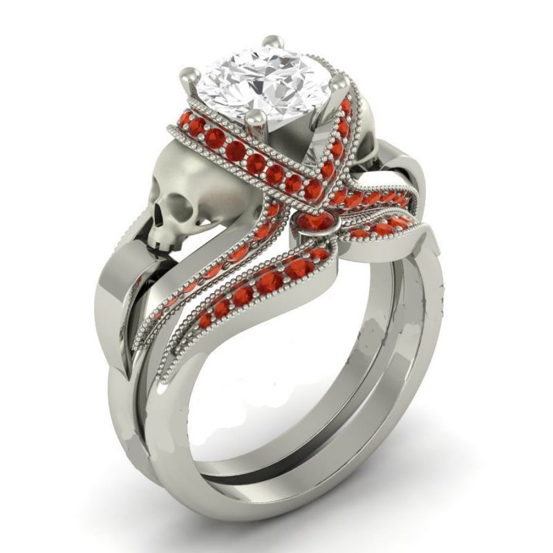 White Diamond Skull Ring with small Ruby Diamond