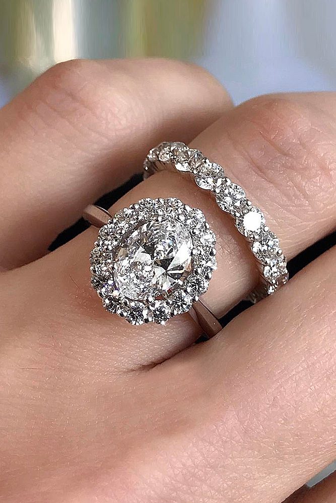 2 16ct Beautiful Wedding Ring Band Set And Oval Halo Diamond Engagement Ring 925 Sterling Silver