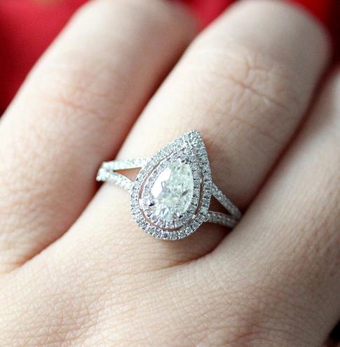 14k White Gold  Ring 1.50CT TCW Pear Brilliant Cut Double Halo Moissanite Engagement Ring Tear Drop Halo Moissanite Wedding Ring