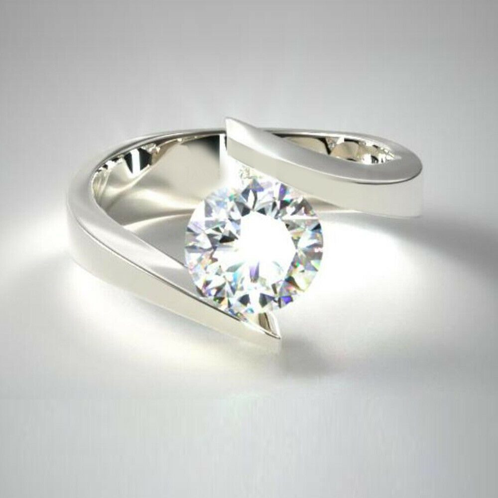 Round Moissanite Solitaire Ring, Tension Set Engagement Ring