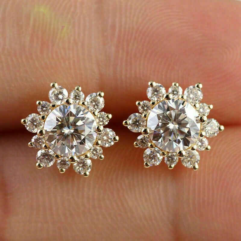 Round Moissanite Floral Halo Stud Earrings in 14K White Gold