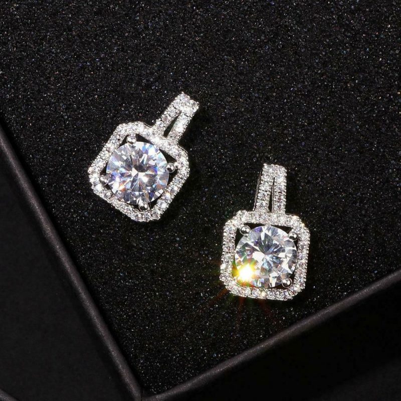 4.00 CT Round Cut White Diamond Halo Drop Earrings Solid 14k White Gold ...